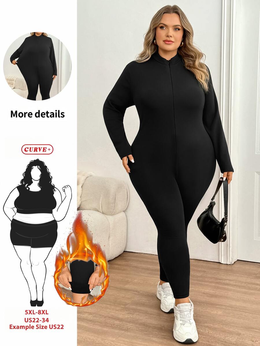SHEIN CURVE+ Plus Size Women's Solid Color Zipper Front Long Sleeve Thermal Lined Jumpsuit Suitable For Outdoor, Home And Casual Occasions - Black - View 1