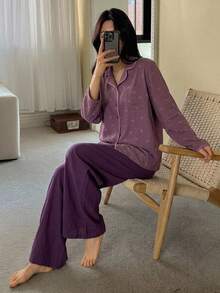 DAZY 2pcs/Set Women's Bow Print Lapel Cardigan Long Sleeve Top & Straight Leg Long Pajama Pants Sleepwear Set - Purple - View 1
