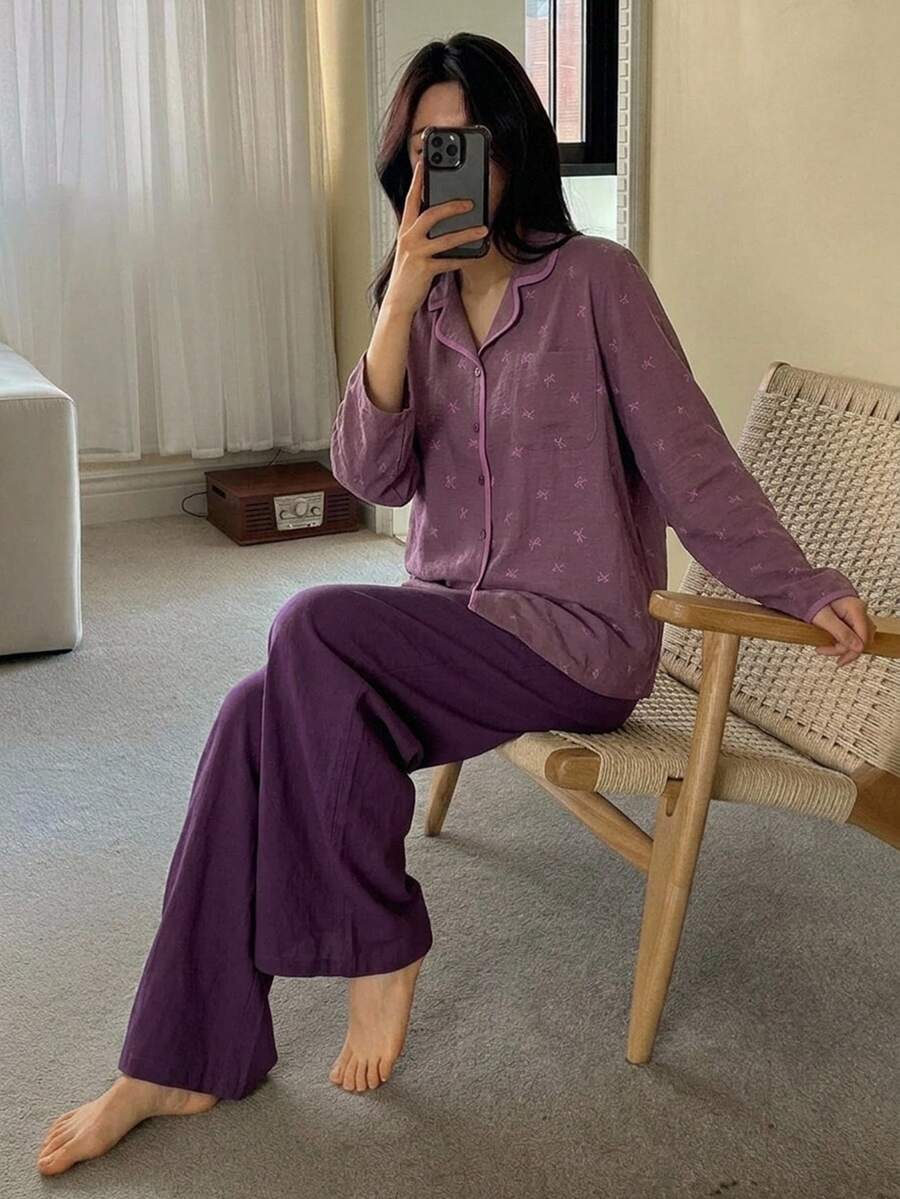 DAZY 2pcs/Set Women's Bow Print Lapel Cardigan Long Sleeve Top & Straight Leg Long Pajama Pants Sleepwear Set - Purple - View 1