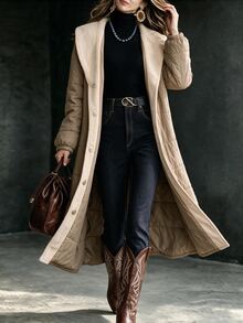 Omancia Women's Autumn/Winter Casual Solid Color Long Lapel Minimalist Comfortable Style Suitable For Outings, Shopping, Walking, Daily Commute Padded Coat - Khaki - View 3
