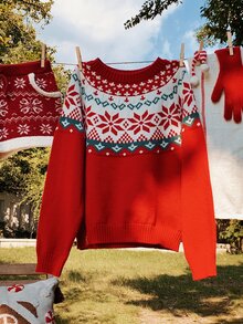 Comfortcana Women's Christmas Print Round Neck Long Sleeve Sweater - Red - View 10