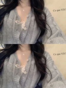 DAZY Solid Color Loose V-Neck Long Sleeve Casual Vacation Korean Style Autumn/Winter Knit Sweater For Women - Grey - View 2
