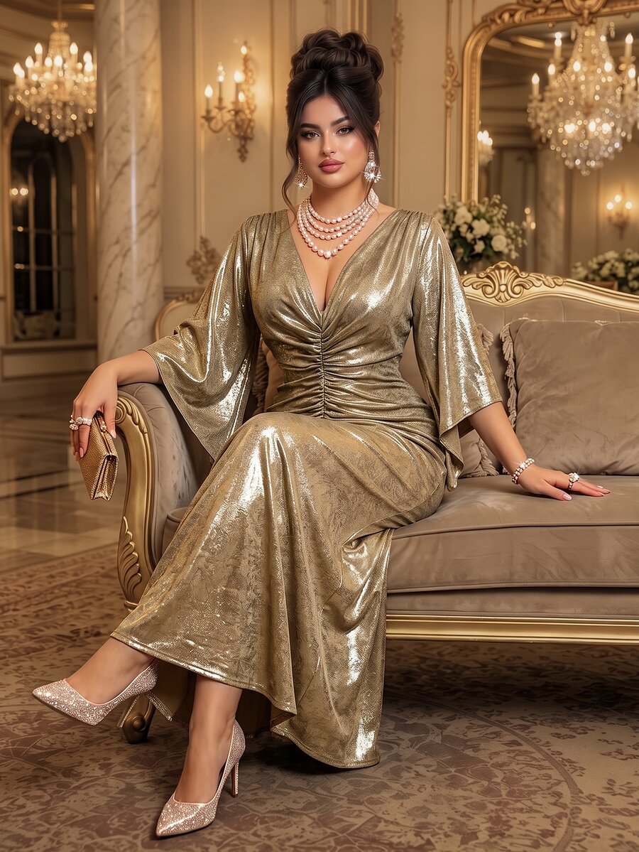 Roveilla Plus Size V-Neck Ruched Ruffle Sleeve Cinched Waist Dress For Party And Gathering - Gold - View 1