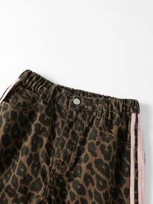 SHEIN 女童休閒街頭風可愛青少年Y2K豹紋直筒牛仔褲，寬鬆寬腿褲配粉色側條撞色，返校秋季款 - 棕色 - 查看 6