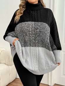 SHEIN CURVE+ كنزة نسائية مقاس كبير بألوان متباينة كاجوال للاستخدام اليومي بأكمام طويلة - متعدد الألوان - مشاهدة 9