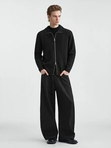 RONVEXI Men's Solid Color Long Sleeve Zip-Up Knit Cardigan - Black - View 4