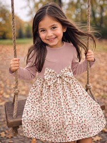 Emery Rose Kids Emery Rose Kids 女童小女孩可愛拼接洋裝，復古棕色羅紋上衣配蝴蝶結與碎花裙，長袖公主裙，適合春夏秋季 - 粉色 - 查看 2