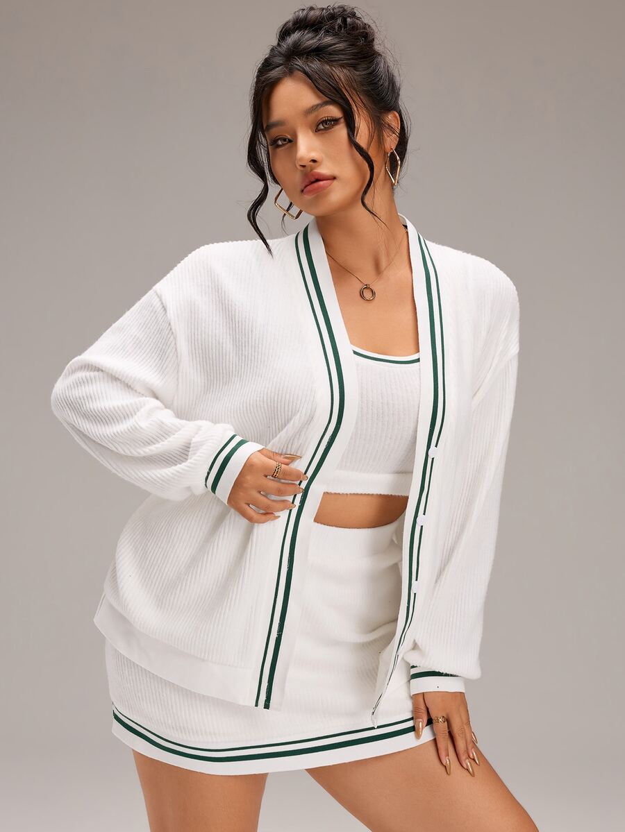 EMERY ROSE Plus Size Contrast Color Wide Strap Tank Top & Bodycon Mini Skirt & Knit Cardigan, Suitable For Sports Wear - White - View 1