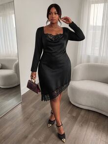 Firerie Plus Size Women Solid Color Contrast Lace Long Sleeve Elegant Dress - Black - View 7