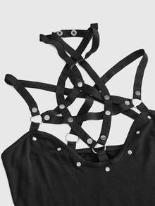 ROMWE Áo tank top dệt kim phong cách Gothic họa tiết ngôi sao năm cánh, dây buộc, trang trí đinh tán dành cho nữ - màu đen - Xem 3