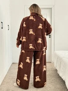 SHEIN CURVE+ Plus Size Thick Fleece Autumn/Winter 2 Pieces Set Long Pants + Cardigan - Multicolor - View 2