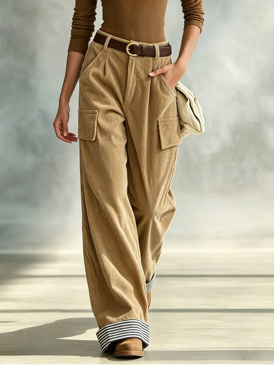 LUMIGAL Women's Autumn Solid Color Faux Pocket Straight Leg Loose Casual Long Pants - Khaki - View 1