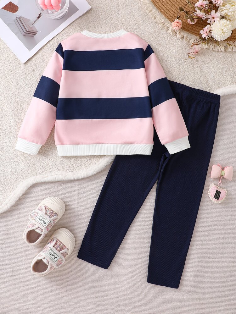 SHEIN Vintaside Kids Girls Toddler Long Sleeve Sweatshirt And Ribbed Leggings Set, Spring Autumn Casual Cute Daily Wear, College Style Color Block Ribbed Sweatshirt And Pants 2 Pieces Set, Fashionable Letter Print Sportswear, Children Outdoor Leisure Outfit - Navy Blue - View 2