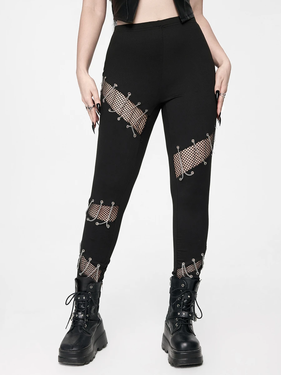 ROMWE Goth Women's Chain Decor Mesh Patchwork Casual Daily Fitted Leggings - Black - View 1