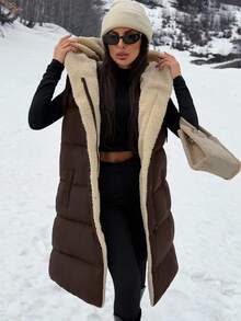 SHEIN Clasi Two-Tone Reversible Padded Zipper Front Pockets Drawstring Hood Vest Jacket - Brown - View 4