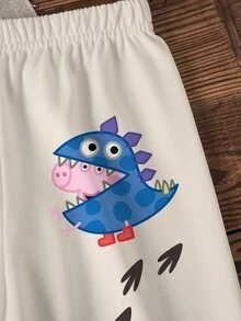Peppa Pig X SHEIN 小男孩卡通印花圓領長袖衛衣與運動長褲休閒套裝 - 白色 - 查看 3