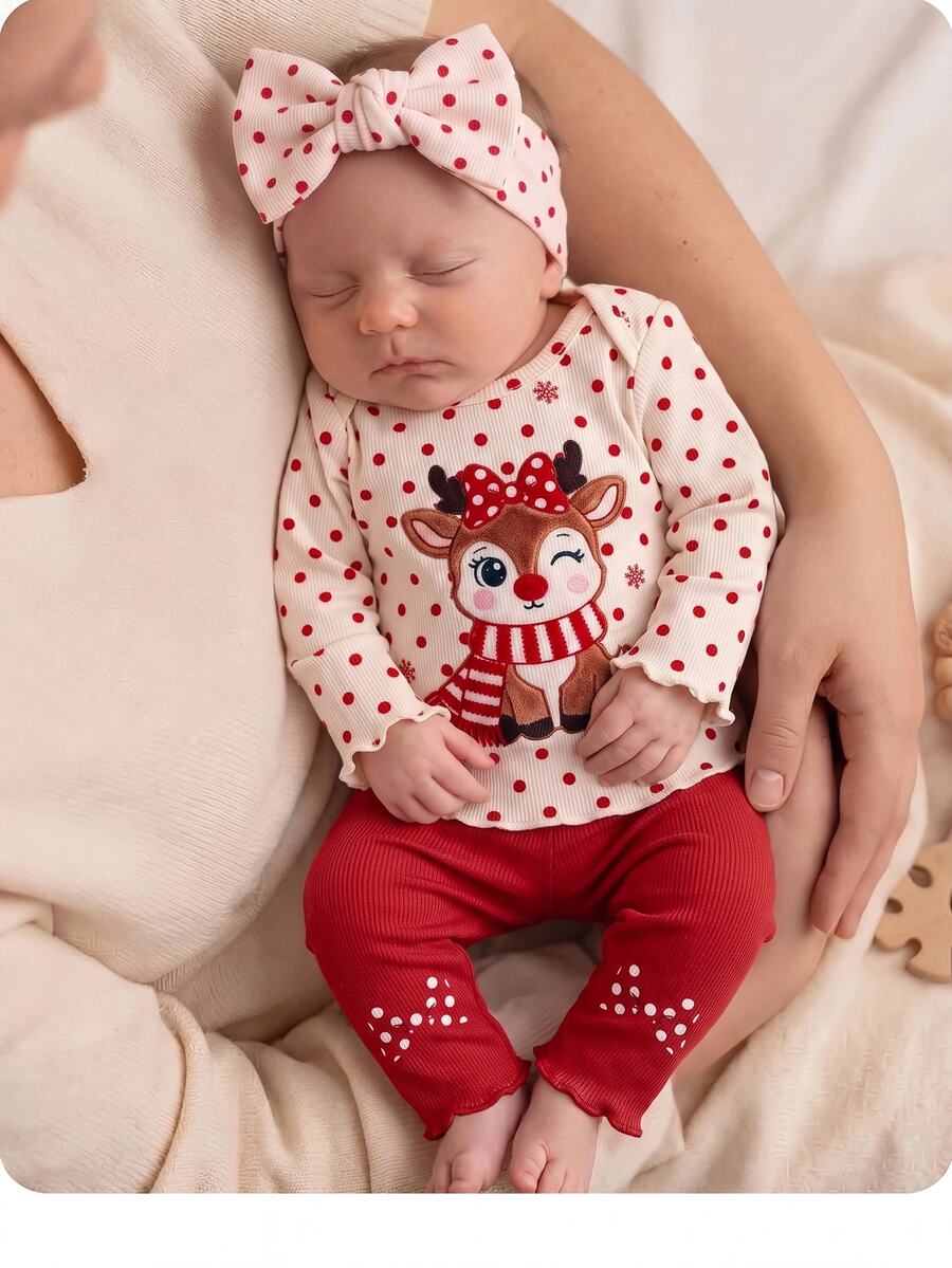 SHEIN Kids Newborn Cute Cartoon Pattern Long Sleeve Loungewear Set - Red - View 1