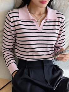 DAZY 女款粉黑條紋領口V領修身長袖休閒針織 Polo 毛衣 - 粉色 - 查看 4
