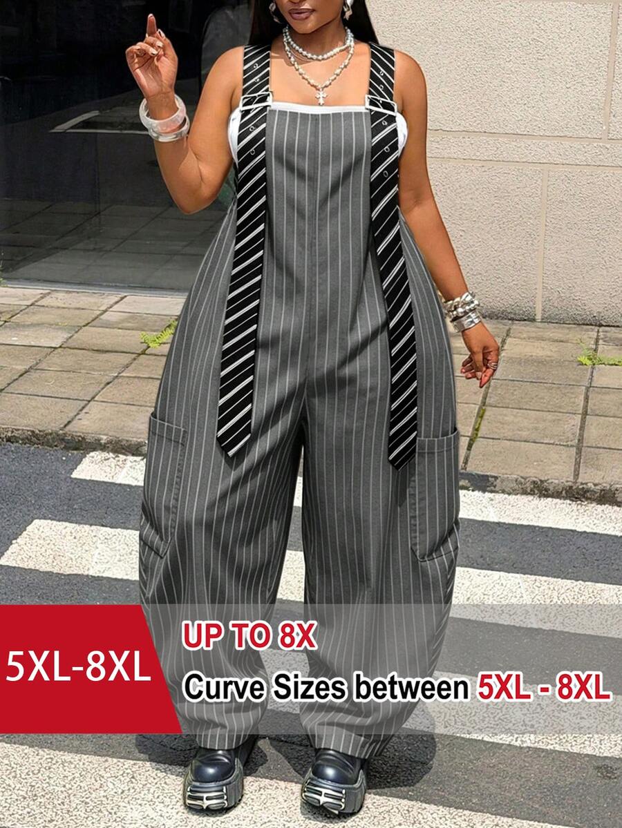 SHEIN CURVE+ Plus Size Khaki Striped Adjustable Strap Loose Wide Leg Cargo Overalls, Y2K, Utility Style, Casual Everyday, Comfortable - Multicolor - View 1