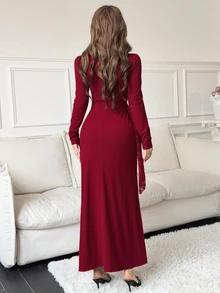 Feyla Women's Elegant Front Knot Ruched Fishbone Lace Dress - Red - View 2