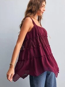 Willow Rêve Women's Lace Patchwork Purple Chiffon Camisole Long Shirt - Purple - View 4