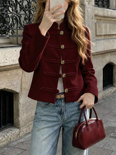 SHEIN PariChic Chaqueta corta ajustada de manga larga con cuello alto, estilo vintage francés, color burdeos, con detalle de botones y bucles, suave, nueva para otoño, para uso diario