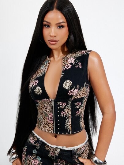 Denimoi Studded Zip Front Top Sexy Tops Fashion Top Snake Print Going Out GNO Clubwear Clubbing Concert