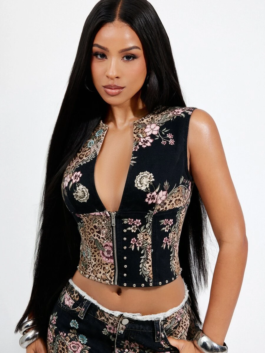 Denimoi Studded Zip Front Top Sexy Tops Fashion Top Snake Print Going Out GNO Clubwear Clubbing Concert - Multicolor - View 1