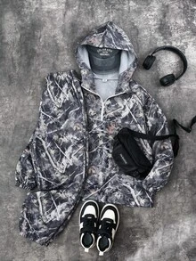 SHEIN 2件組青少年男孩半拉鍊連帽外套與慢跑長褲，黑色，夏季，街頭休閒圖案街頭時尚，加厚抓絨運動套裝，旅行 - 彩色 - 查看 7