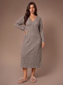 Lazeform Plus Size Women Brown V-Neck Half-Button Front Dropped Shoulder Soft Comfortable Rice Fleece Knit Fabric Casual Daily Home Wear Long Sleeve Nightgown - Brown - View 1