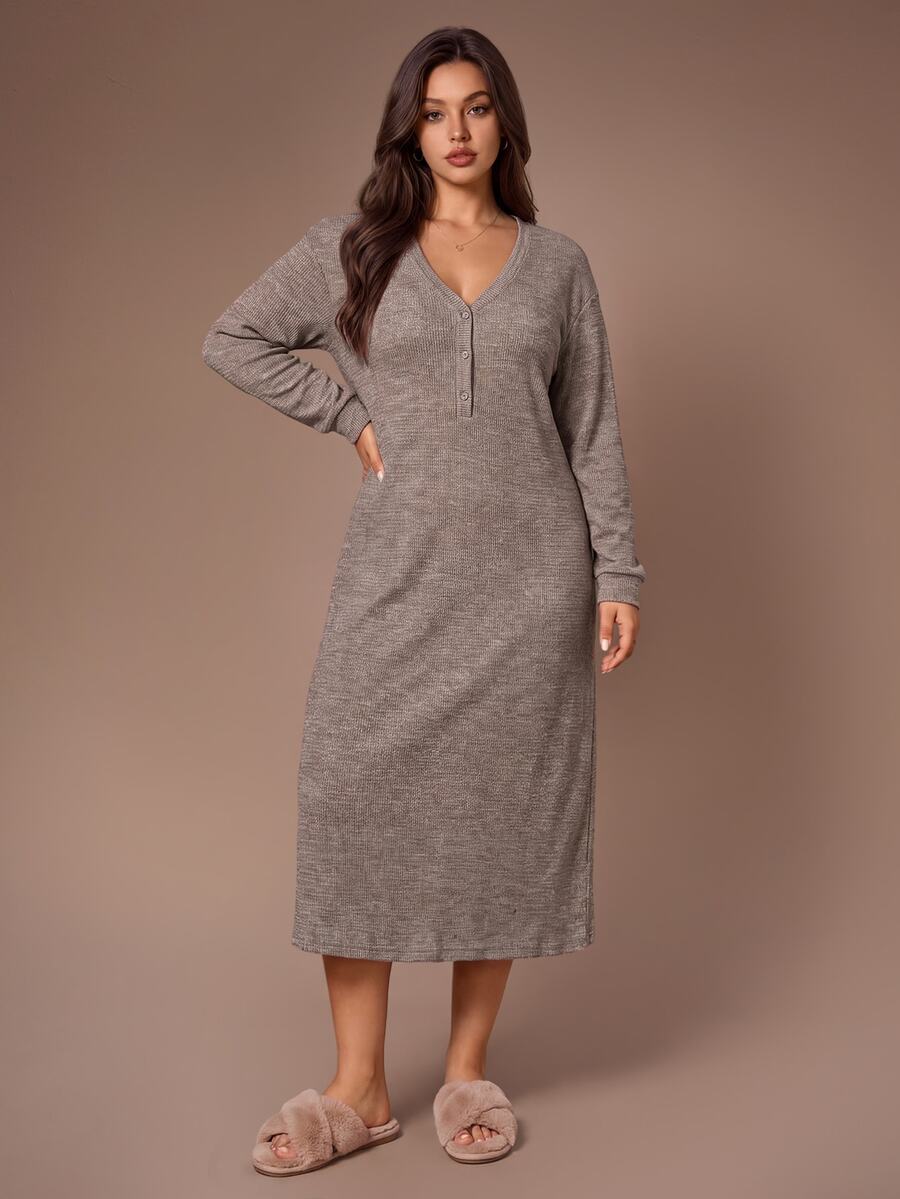 Lazeform Plus Size Women Brown V-Neck Half-Button Front Dropped Shoulder Soft Comfortable Rice Fleece Knit Fabric Casual Daily Home Wear Long Sleeve Nightgown - Brown - View 1