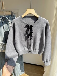 SHEIN 女童甜美時尚秋冬蝴蝶結針織復古開襟衫，長袖圓領毛衣外套，柔軟舒適面料，休閒百搭秋季外套 - 灰色 - 查看 3