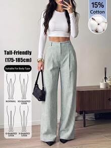 SHEIN Tall 女款卡其色條紋直筒優雅上班褲 - 軍綠色 - 查看 3