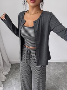GlowEve Setelan 3 Potong: Kardigan Rajut Polos Wanita dengan Kancing Depan, Camisole Slim Fit Bergaris dengan Hiasan Tali Serut, Celana Panjang Kasual Elegan untuk Perjalanan Sehari-hari - Grey - View 5