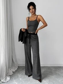 GlowEve Women's Knit Solid Color Cardigan With Front Button Closure, Striped Slim Fit Camisole With Drawstring Decor, Elegant Casual Commute Daily Outing Long Pants 3 Pieces Set - Black - View 6