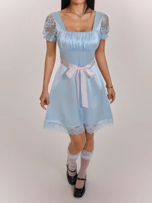 SHEIN PETITE Women's Pleated Square Neck Contrast Lace Short Sleeve Elegant Dress - Baby Blue - View 5