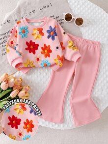 SHEIN Playful Pals 1套女嬰休閒時尚可愛甜美3D仿刺繡花卉 - 彩色 - 查看 3