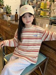 Dazy Kids (少女款) 長袖條紋寬鬆基礎秋/冬疊穿T恤 - 米色 - 查看 8