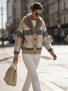 SHEIN Women's Plush Patchwork Plaid Casual Daily Cardigan - Multicolor - View 4