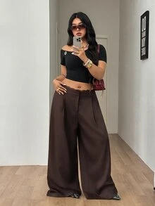 Coolane 女款大尺碼秋冬正式優雅通勤晚宴日常休閒寬鬆蕾絲百褶鬆緊腰棕色香蕉褲 - 棕色 - 查看 7