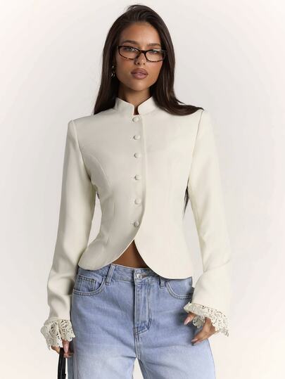 SHEIN BAE Women's Autumn/Winter Contrast Lace Design Blazer, Commuter Chic Outfit, Daily Streetwear