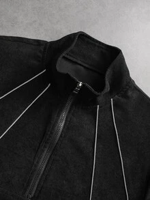 PAVTROS Men's Letter Print Zip-Up Half-Placket Casual Corduroy Jacket - Black - View 8