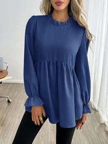 Easowa 女款時尚喇叭袖百褶度假襯衫 - 藏蓝色 - 查看 5