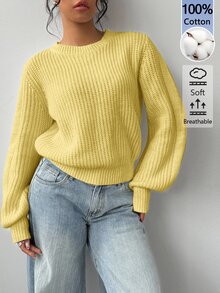 SHEIN BASICS 女款極簡舒適長袖毛衣，適合日常穿著 - 淡黃色 - 查看 1