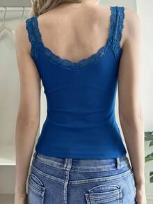 Strévra Women's Solid Color Lace Trim Fitted Casual Tank Top - Teal Blue - View 3