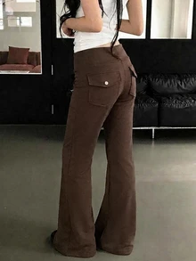 DAZY Women's Solid Color Flared Korean Style Teenager Internet Aesthetic Long Pants - Khaki - View 2