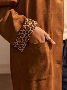 Écloséra French Style Brown Mid-Length Coat With Leopard Print Patchwork Cuffs, Vintage Casual Elegant Fall/ Jacket Office - Brown - View 2