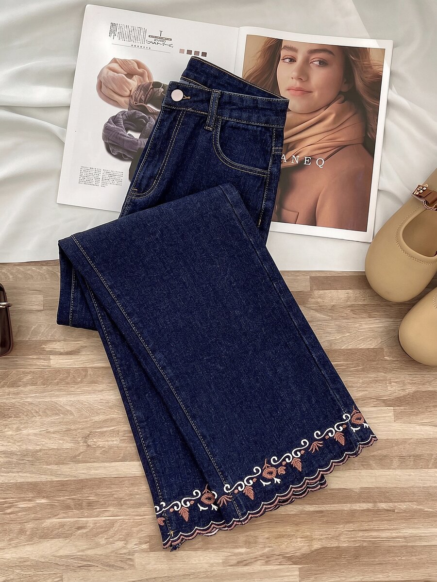 GlowEve 女款刺繡口袋休閒寬腿牛仔褲 - 藍色 - 查看 1