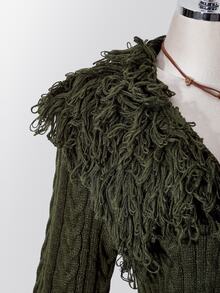 SHEIN ICON Plus Size Y2K Knit Top With Turn-Down Collar, Fur Trim And Tassel - Army Green - View 9