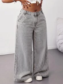 SHEIN Tall CURVE 大尺碼時尚街頭風鈕扣口袋寬鬆牛仔褲 - 淺灰色 - 查看 4